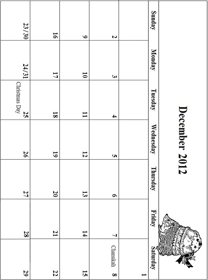 2012 Coloring Calendar Grid December