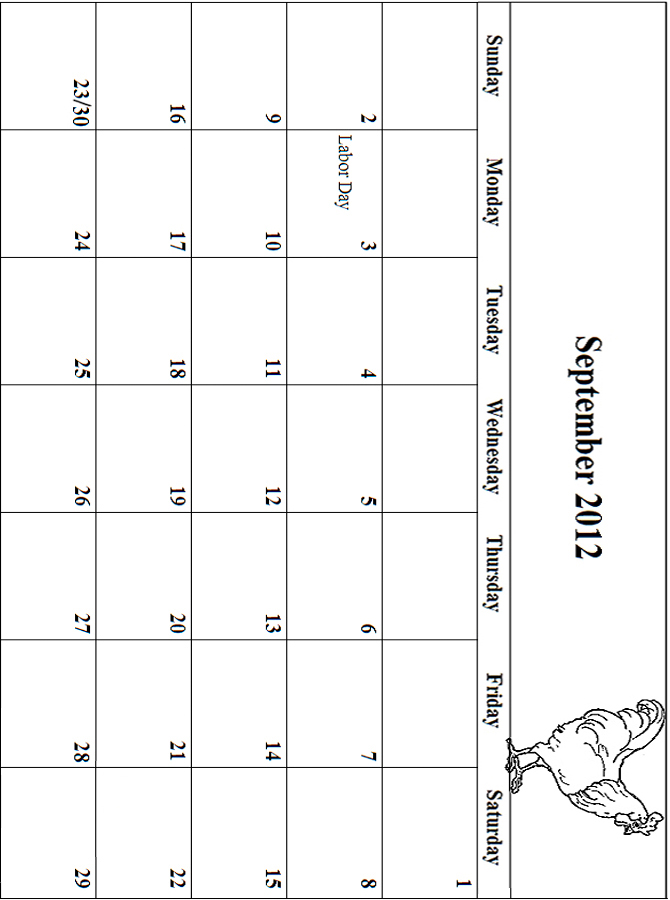 2012 Coloring Calendar Grid September