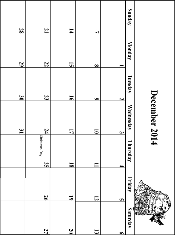 2014 Coloring Calendar Grid December