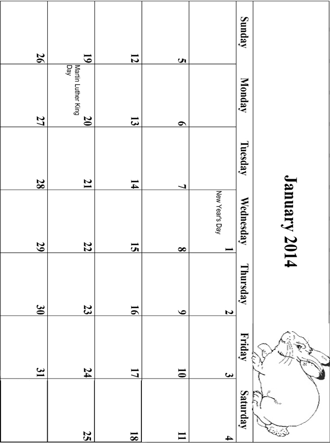 2014 Coloring Calendar Grid January