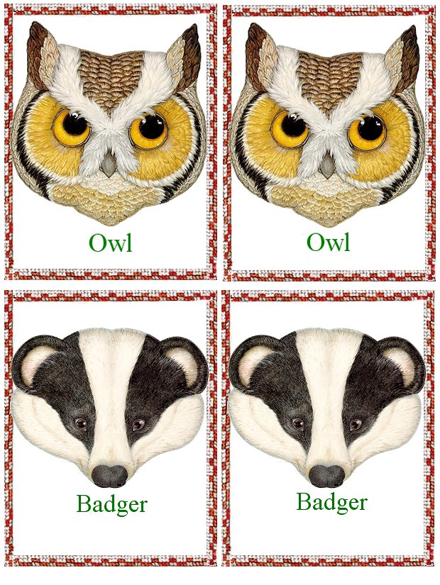 Matching Animals Game owl and badger